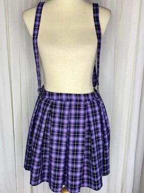 Hot Topic Women’s Purple Blk White Plaid Pleated Suspender Skirt Sz S